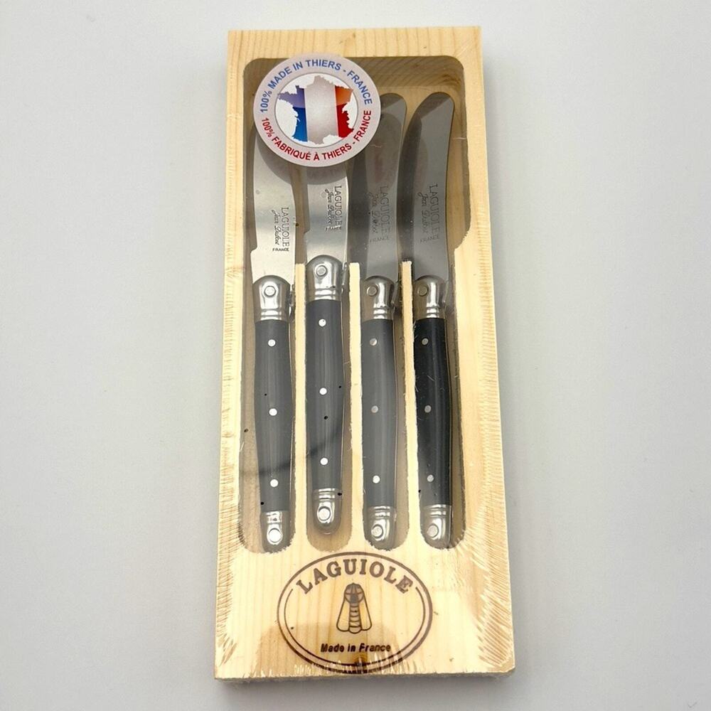 New - Laguiole Four Cheese & Appetizers Knives Black Handles Wooden Case Sealed